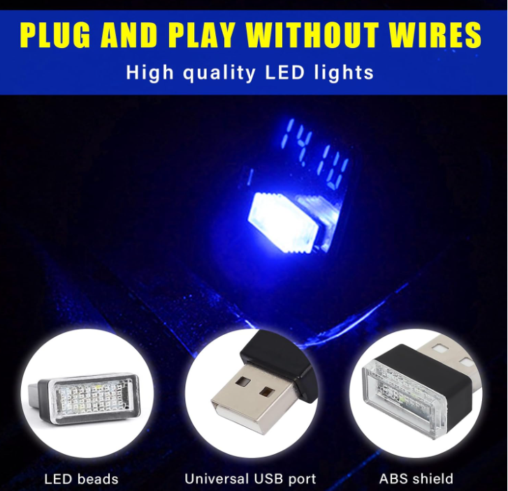 4 PCS USB LED Portable Universal Car Vehicle Interior Ambient Atmosphere Lamp Plug-in Decor Night Light Kit