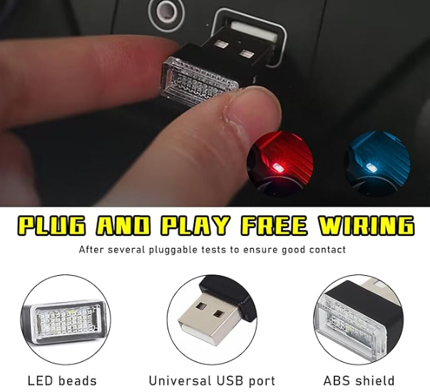4 PCS USB LED Portable Universal Car Vehicle Interior Ambient Atmosphere Lamp Plug-in Decor Night Light Kit