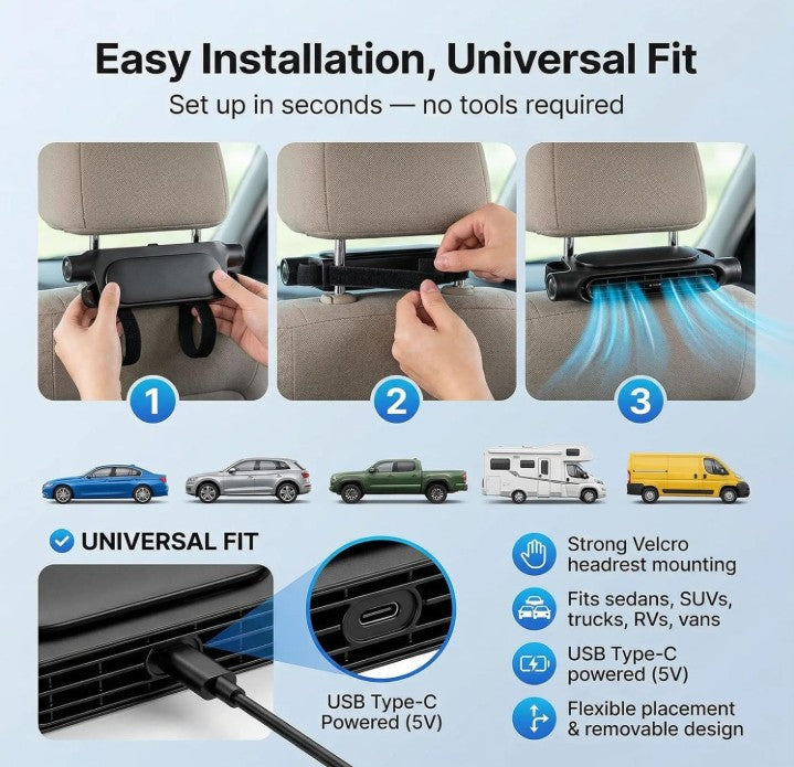 2026 Car Headrest Fan, Invisible Car Seat Cooling Fan, USB Backseat Fan Portable Vehicle Design with 3 Adjustable Wind Speeds for Most Cars Vehicle Jeep Van RV Truck