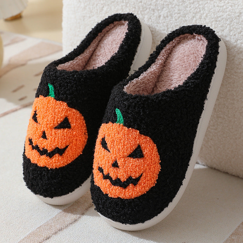 Smiley Face Pumpkin Ghost Halloween Comfortable Plush Cartoon White Black Designed Non-Slip House Slippers Slides Shoes