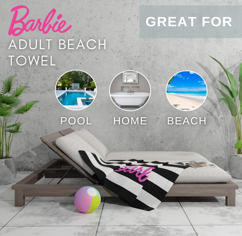 Barbie Classic Logo Black & White Striped Soft Cotton Bath Pool Beach Towel