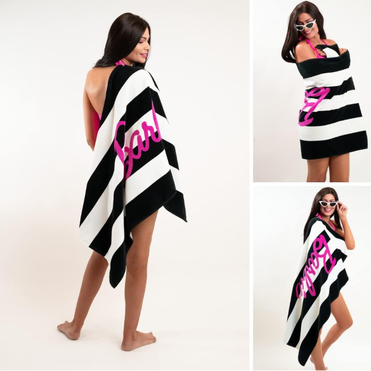 Barbie Classic Logo Black & White Striped Soft Cotton Bath Pool Beach Towel