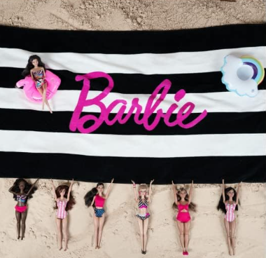 Barbie Classic Logo Black & White Striped Soft Cotton Bath Pool Beach Towel