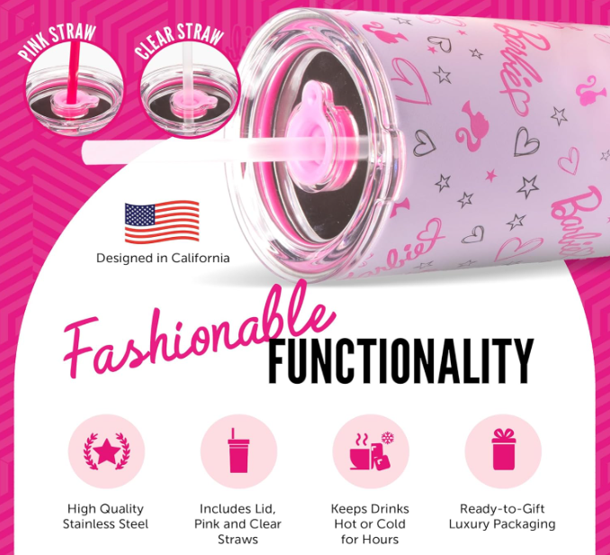 Barbie 24 OZ Tumbler Stainless Steel Vacuum Insulated Water Drinking Bottles with Lid and Straws