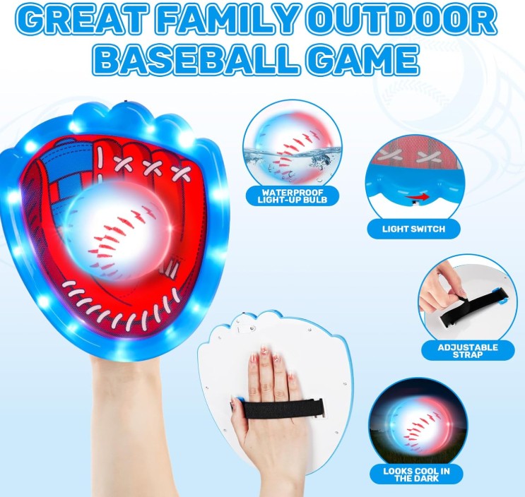 Toss and Catch Ball Game Set Kids Adults Sports and Outdoor Sticky LED Baseball Gloves and Balls for Catch Games for All Ages