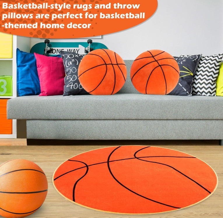 3 Pcs Basketball Plush Pillows and Basketball Rug for Room Stuffed Fluffy Soft Sports Throw Pillow Ball Round Mat Area Rug