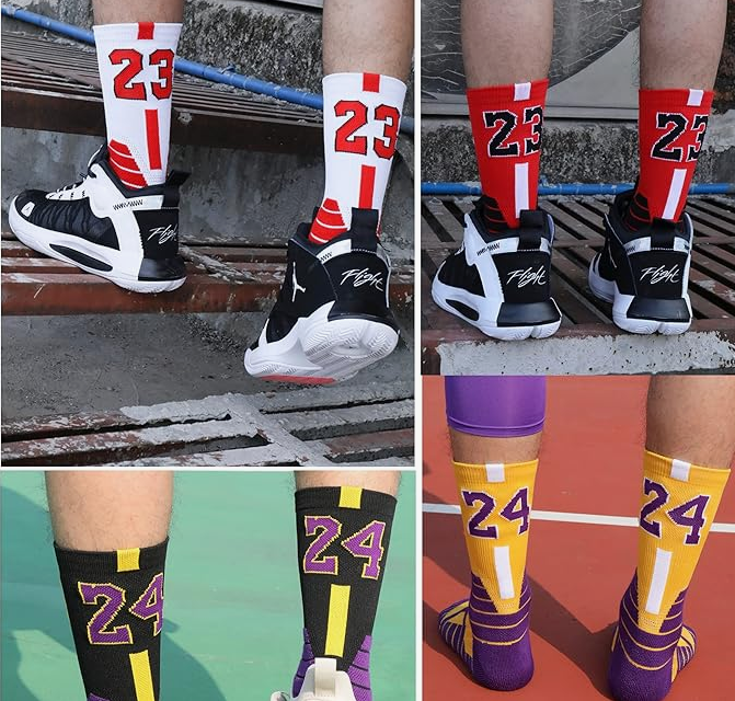 Basketball Running Sneaker Sports Graphic Athletic Player Numbers Team Spirit Colors Crew Socks for Boys, Girls, Men, Women 2 Pack