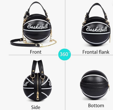 Basketball Shape Pink Brown Black White Designed Shoulder Mini Round Crossbody Sachel Messenger Purse Handbag