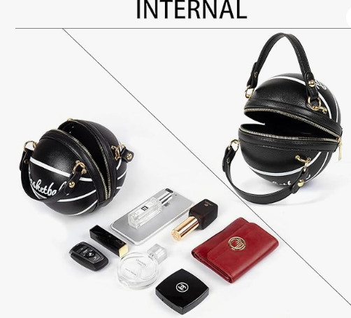 Basketball Shape Pink Brown Black White Designed Shoulder Mini Round Crossbody Sachel Messenger Purse Handbag