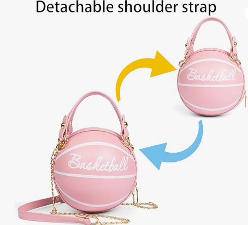 Basketball Shape Pink Brown Black White Designed Shoulder Mini Round Crossbody Sachel Messenger Purse Handbag
