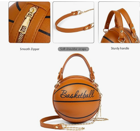 Basketball Shape Pink Brown Black White Designed Shoulder Mini Round Crossbody Sachel Messenger Purse Handbag