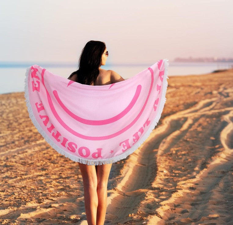 Positive Message Pink, Green Leaves American Flag 100 Dollar Bill Watermelon Design Beach Towel 60 Inch Smile Round Beach Pool Towel Preppy Rug Absorbent Face Blanket Quick Dry Happy Picnic Towels