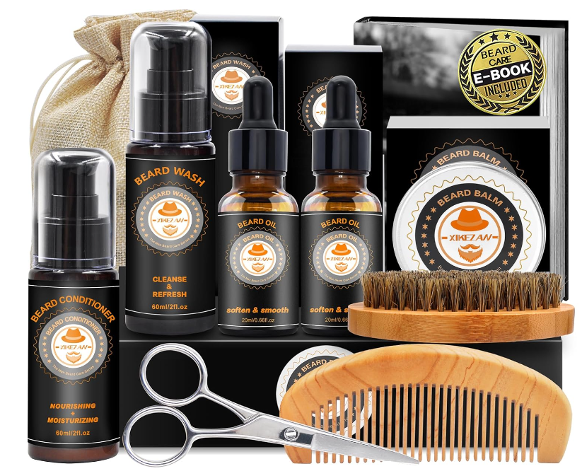 Men Beard Mustache Nose Grooming Skin Face Care Kit Conditioner Oils Balm Brush Wash Comb with Travel Bag and Beard E-Book and Cutting Hair Kit