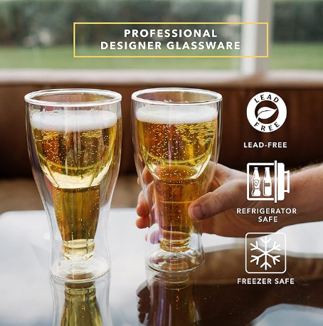 Clear Iridescent Double Wall Insulated Freezable Upside-Down Design Beer Pub Mugs Glasses- 2 Pack