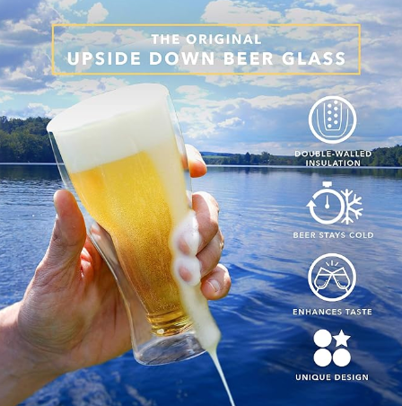 Clear Iridescent Double Wall Insulated Freezable Upside-Down Design Beer Pub Mugs Glasses- 2 Pack