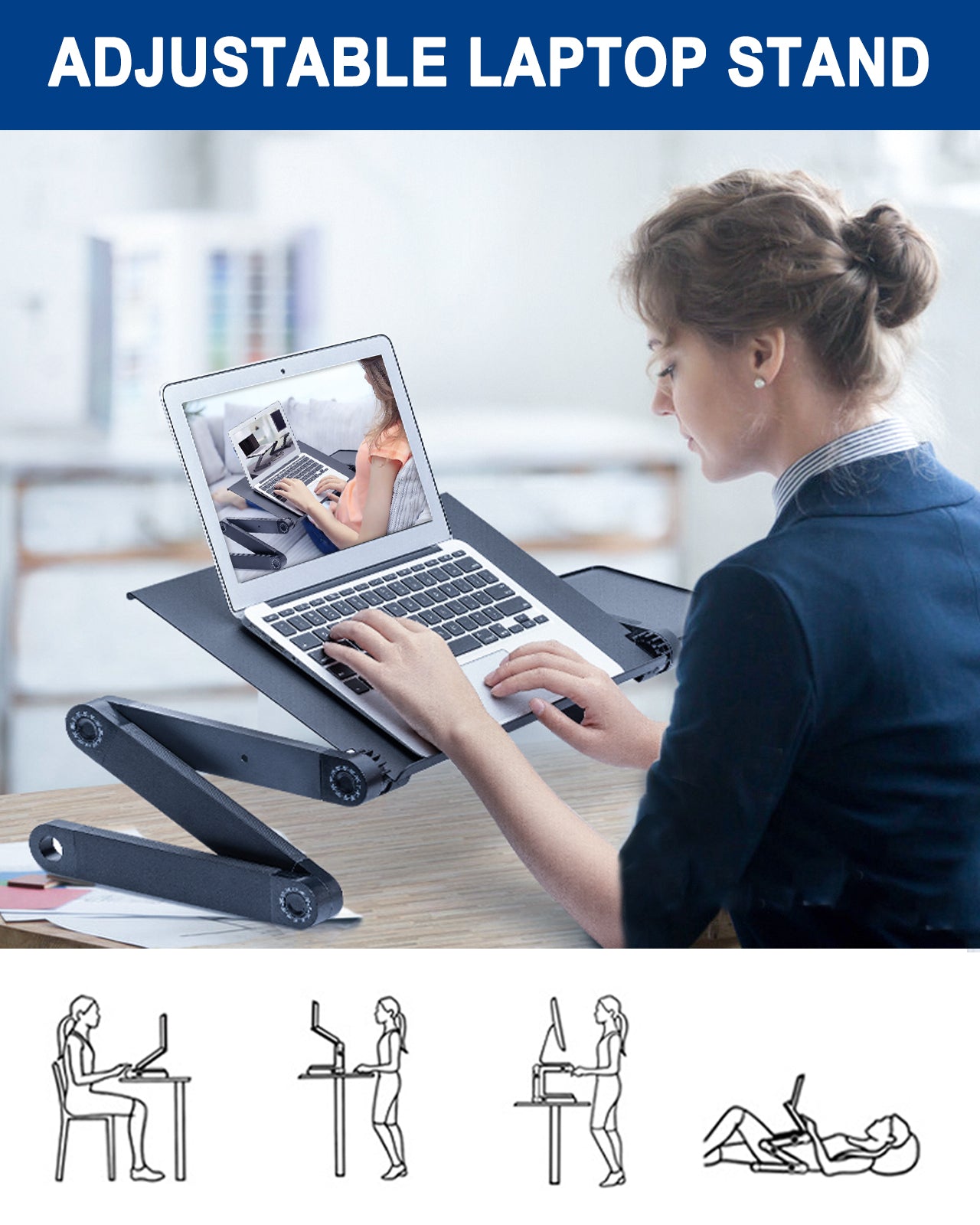 Adjustable Laptop Computer Ergonomical Workstation Desk Stand with 2 CPU Cooling USB Fans with Mouse Pad and Book Stand
