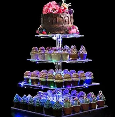 4 Tier Cupcake Stand Acrylic Tower Display with Colorful LED Light Premium Dessert Tree Tower for Birthday Weddings Party Events