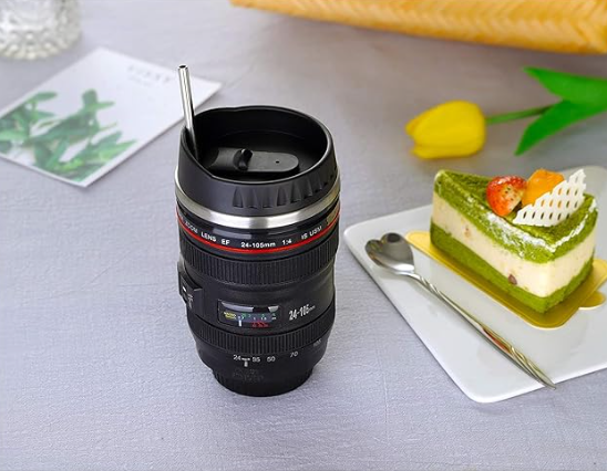 Stainless steel Insulated Camera Lens Coffee Tea Beverage Travel Thermos Mug with Lid and Spoon