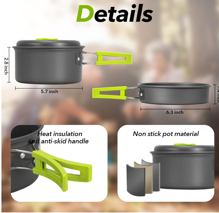 15 PC Camping Cookware Portable Outdoor Mess Kit Non-Stick Lightweight Pot Set for Backpacking Hiking Picnic