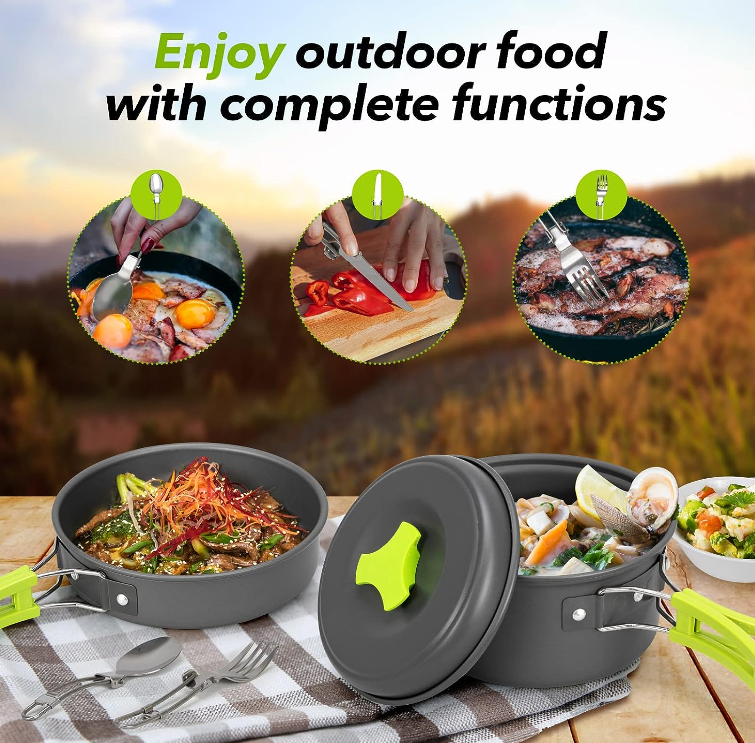 15 PC Camping Cookware Portable Outdoor Mess Kit Non-Stick Lightweight Pot Set for Backpacking Hiking Picnic