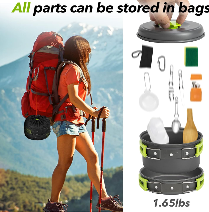 15 PC Camping Cookware Portable Outdoor Mess Kit Non-Stick Lightweight Pot Set for Backpacking Hiking Picnic