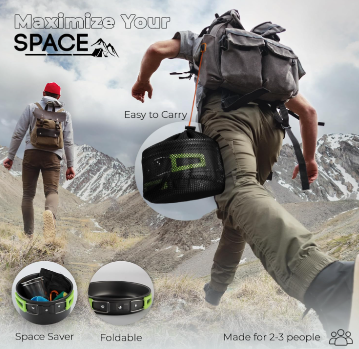 15 PC Camping Cookware Portable Outdoor Mess Kit Non-Stick Lightweight Pot Set for Backpacking Hiking Picnic