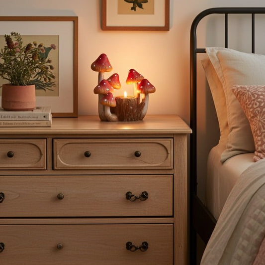 Whimsical Orange Mushroom Taper Candle Holder 4.25 inch Woodland Stump Design for Fall, Halloween & Fairy Gardens - Unique Home Decor