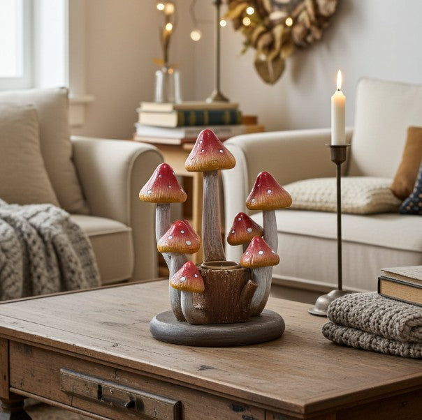 Whimsical Orange Mushroom Taper Candle Holder 4.25 inch Woodland Stump Design for Fall, Halloween & Fairy Gardens - Unique Home Decor