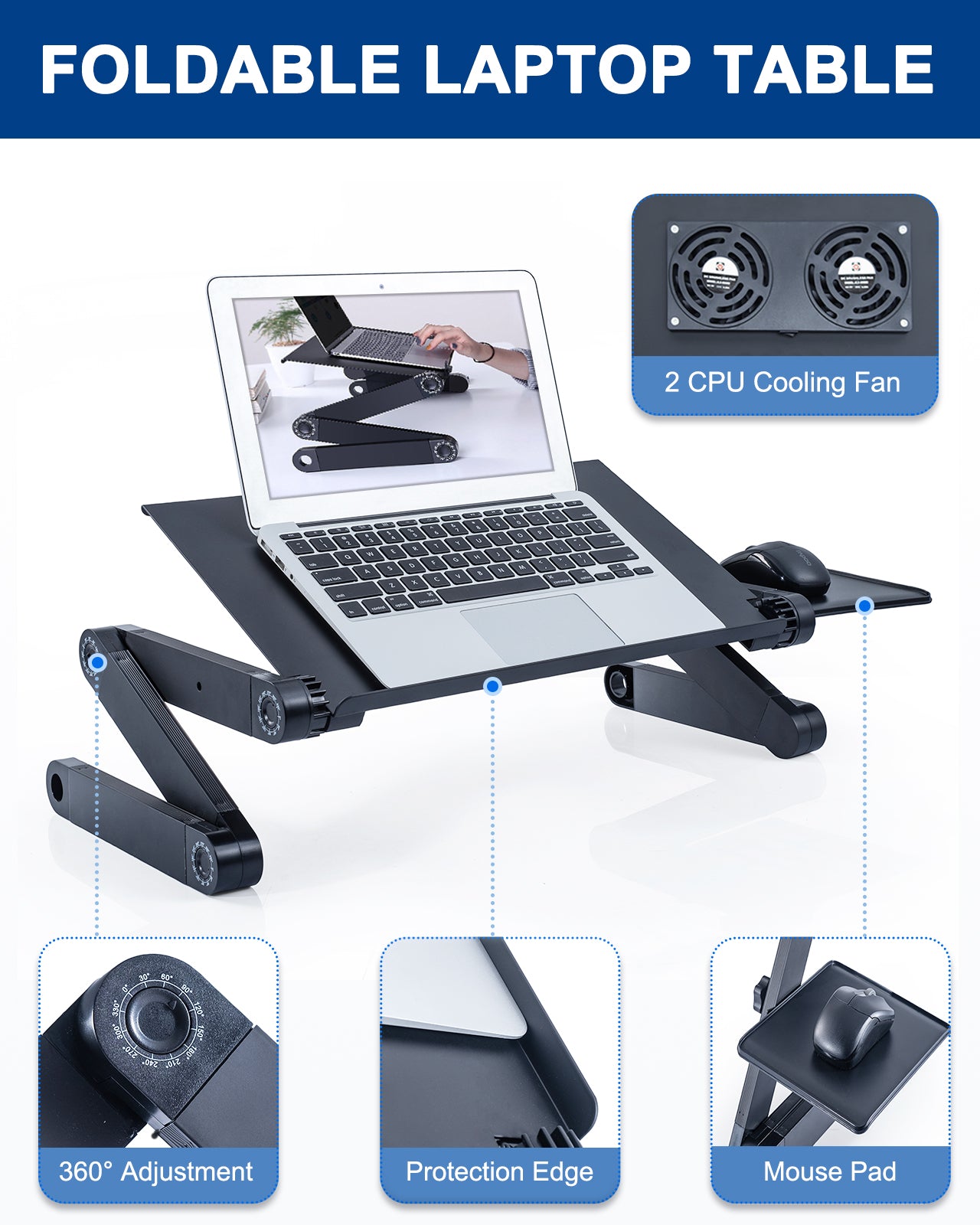 Adjustable Laptop Computer Ergonomical Workstation Desk Stand with 2 CPU Cooling USB Fans with Mouse Pad and Book Stand