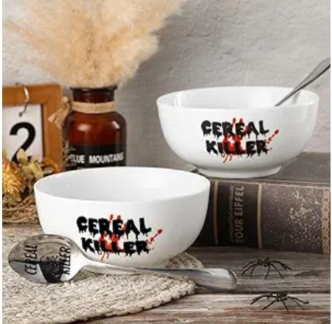 Cereal Salad Soup Ceramic Killer Printed 20 oz White Bowls and Engraved Spoon Funny Gift for Kitchen Set of 2