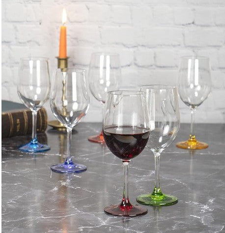 12 oz Colorful Red Orange Purple Blue Green Black Yellow Stem Base Modern Wine Hand Blown Goblets Liquor Beverage Glasses Set of 6