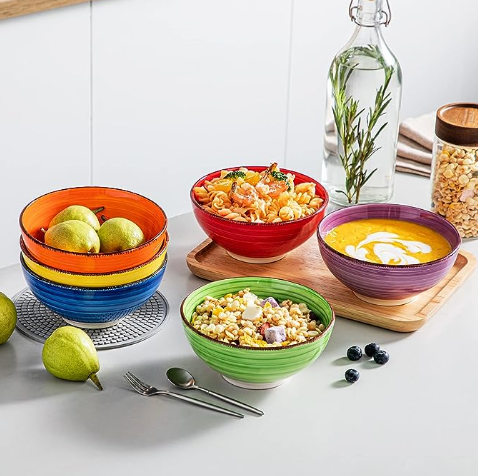 Set of 6 Colorful Ceramic Stone Kitchen Soup Cereal Pasta Bowls Plates