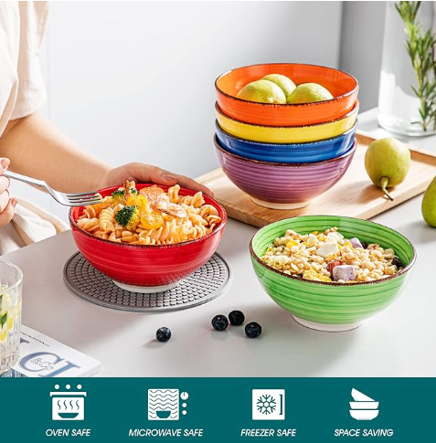Set of 6 Colorful Ceramic Stone Kitchen Soup Cereal Pasta Bowls Plates