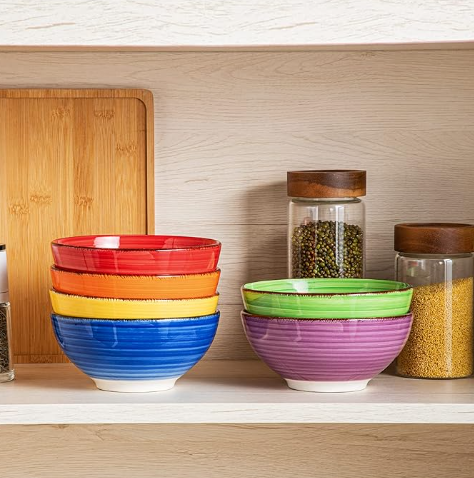 Set of 6 Colorful Ceramic Stone Kitchen Soup Cereal Pasta Bowls Plates