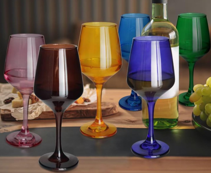 12 oz Colorful Red Orange Purple Blue Green Black Yellow Stem Modern Wine Hand Blown Goblets Liquor Beverage Glasses Set of 6