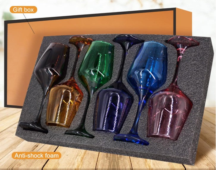 12 oz Colorful Red Orange Purple Blue Green Black Yellow Stem Base Modern Wine Hand Blown Goblets Liquor Beverage Glasses Set of 6
