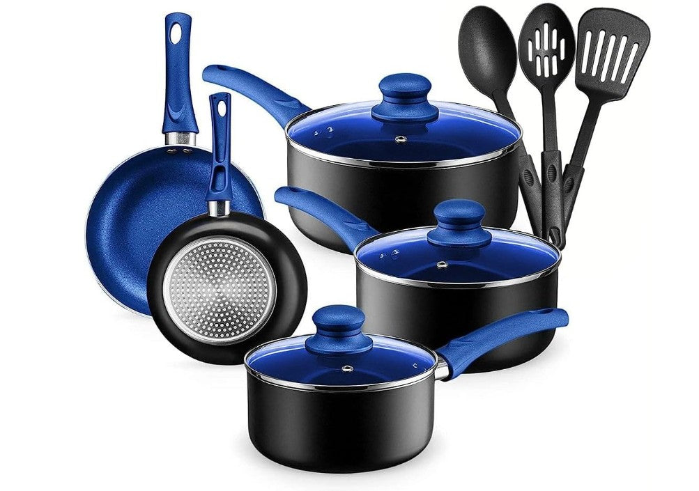 7-15 Piece Multi Color Orange Red Purple Blue Pink White Black Non-Stick Kitchen Cookware Pots and Pans Sets