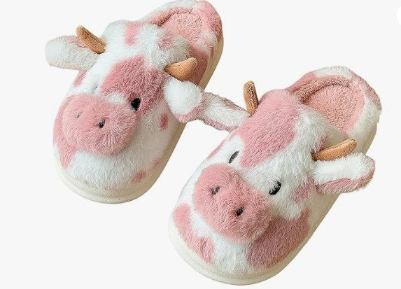 Fuzzy Cow Slippers for Women Men Adults, Fluffy Plush and Cozy Cotton House Slippers for Indoor Outdoor Bedroom, Warm Furry Animal Cow Print Pink Slipper