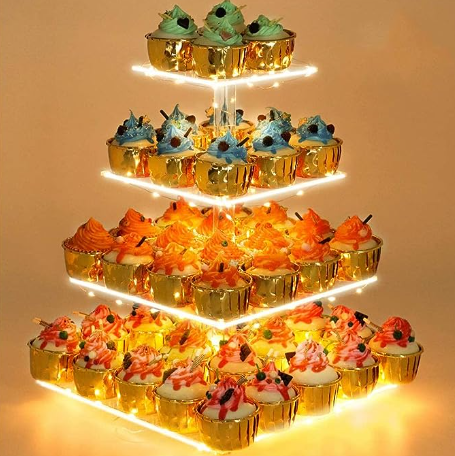 4 Tier Cupcake Stand Acrylic Tower Display with Colorful LED Light Premium Dessert Tree Tower for Birthday Weddings Party Events