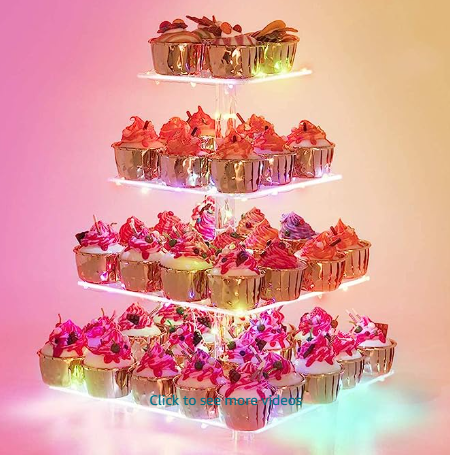 4 Tier Cupcake Stand Acrylic Tower Display with Colorful LED Light Premium Dessert Tree Tower for Birthday Weddings Party Events