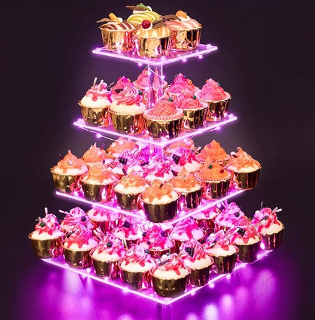 4 Tier Cupcake Stand Acrylic Tower Display with Colorful LED Light Premium Dessert Tree Tower for Birthday Weddings Party Events