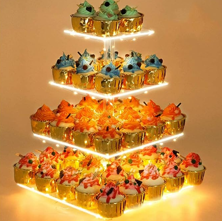 4 Tier Cupcake Stand Acrylic Tower Display with Colorful LED Light Premium Dessert Tree Tower for Birthday Weddings Party Events