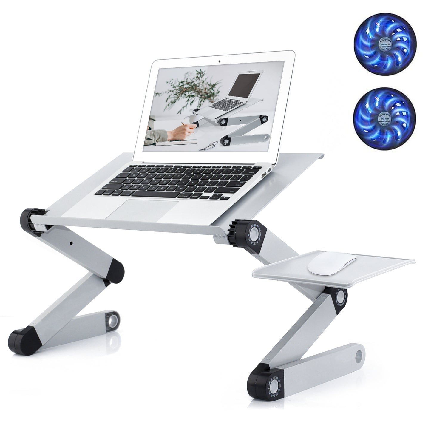 Adjustable Laptop Computer Ergonomical Workstation Desk Stand with 2 CPU Cooling USB Fans with Mouse Pad and Book Stand