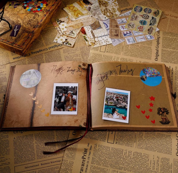 Adventure Book Scrapbook Photo Album Retro Style Embossed Letter Cover Travel Diary Journal Scrap Book Kit For Couples,