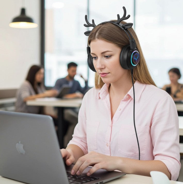 Gaming Work Music Antlers Cat Ears Headset with Noise Cancelling Surround Sound RGB Backlight Mic for PC Mac Nintendo PS4 PS5 Xbox One Mobile Phone