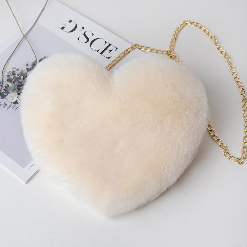 Plush Faux Fur Fun Love Shaped Chain Shoulder Bags Purse with Metal Strap for Birthday Valentine Gifts