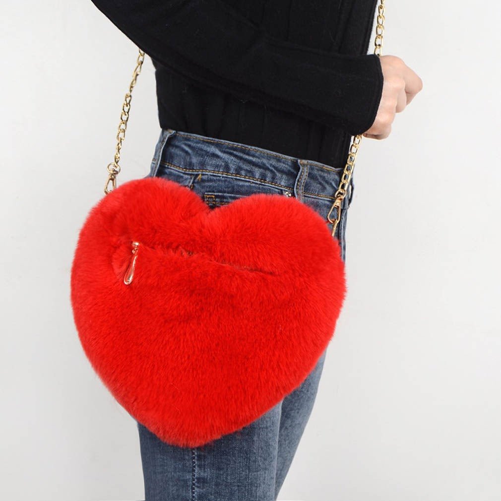 Plush Faux Fur Fun Love Shaped Chain Shoulder Bags Purse with Metal Strap for Birthday Valentine Gifts