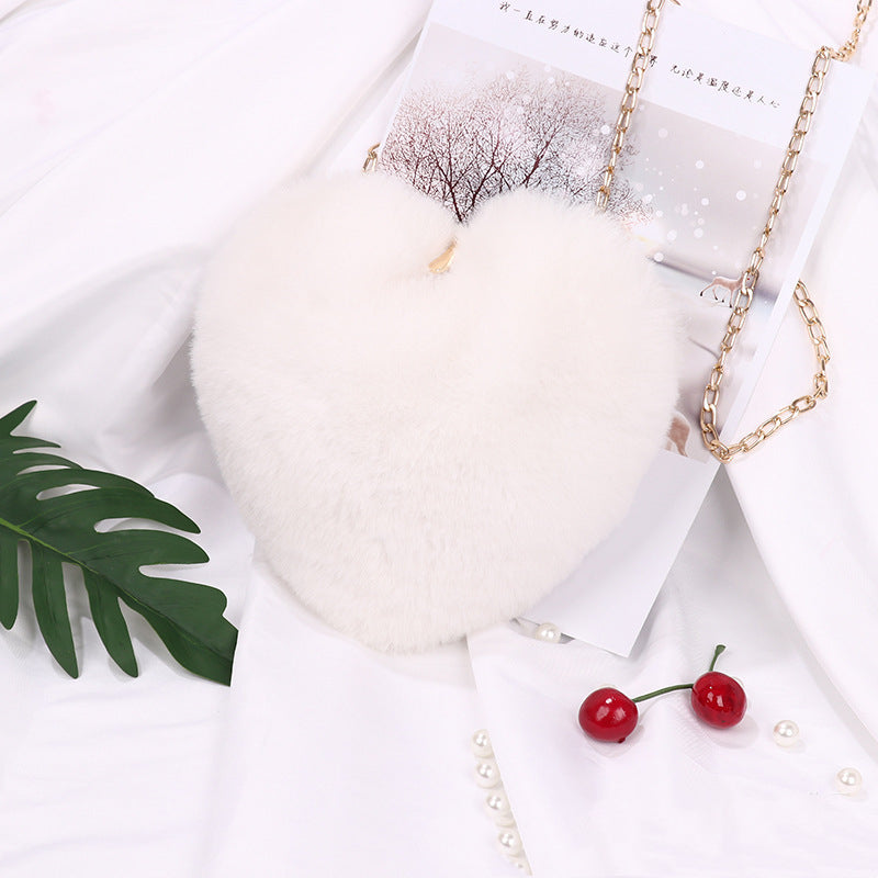 Plush Faux Fur Fun Love Shaped Chain Shoulder Bags Purse with Metal Strap for Birthday Valentine Gifts