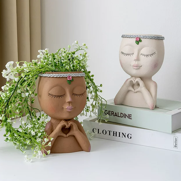 Cute Face Head Unique Planter Succulent Resin Indoor Outdoor Flowerpot Garden Decoration with Drain Holes
