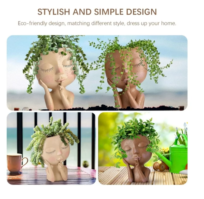 Cute Face Head Unique Planter Succulent Resin Indoor Outdoor Flowerpot Garden Decoration with Drain Holes